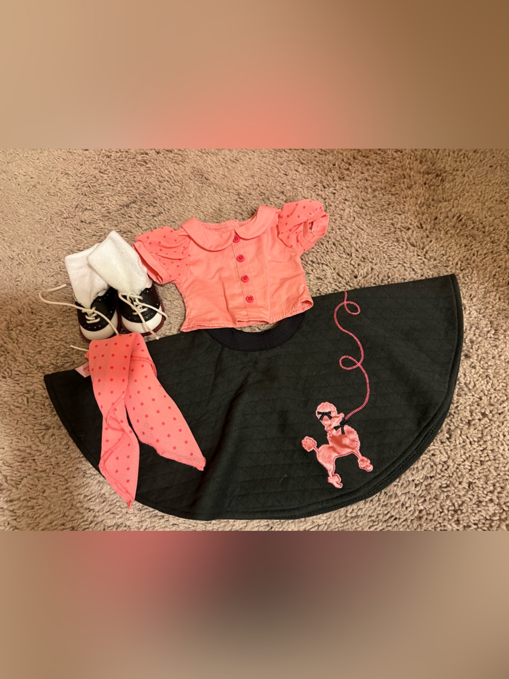Maryellen AG Doll Top, Black Circle Skirt, socks, saddle shoes, Polka Dot Scarf
